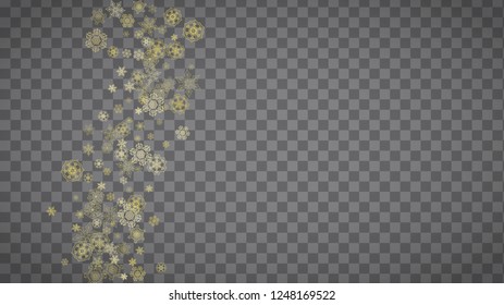 Isolated snowflakes on horizontal transparent grey background. Gold glitter snow. Winter sales, Christmas and New Year design for party invitation, banner, sale. Magic crystal isolated snowflakes.