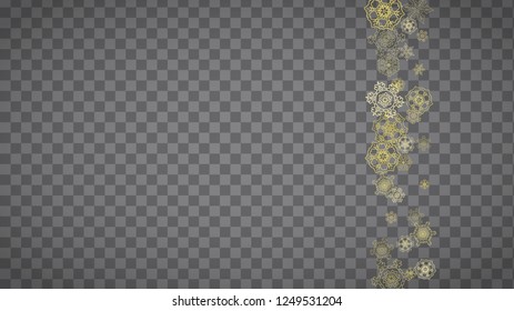 Isolated snowflakes on horizontal transparent grey background. Gold glitter snow. Winter sales, Christmas and New Year design for party invitation, banner, sale. Magic crystal isolated snowflakes.