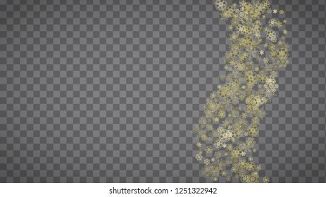 Isolated snowflakes on horizontal transparent grey background. Gold glitter snow. Winter sales, Christmas and New Year design for party invitation, banner, sale. Magic crystal isolated snowflakes.