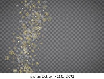 Isolated snowflakes on horizontal transparent grey background. Gold glitter snow. Winter sales, Christmas and New Year design for party invitation, banner, sale. Magic crystal isolated snowflakes.