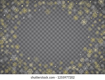 Isolated snowflakes on horizontal transparent grey background. Gold glitter snow. Winter sales, Christmas and New Year design for party invitation, banner, sale. Magic crystal isolated snowflakes.