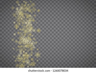 Isolated snowflakes on horizontal transparent grey background. Gold glitter snow. Winter sales, Christmas and New Year design for party invitation, banner, sale. Magic crystal isolated snowflakes.