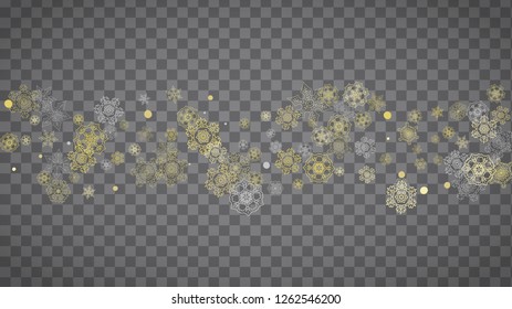 Isolated snowflakes on horizontal transparent grey background. Gold glitter snow. Winter sales, Christmas and New Year design for party invitation, banner, sale. Magic crystal isolated snowflakes.