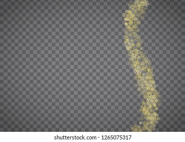 Isolated snowflakes on horizontal transparent grey background. Gold glitter snow. Winter sales, Christmas and New Year design for party invitation, banner, sale. Magic crystal isolated snowflakes.