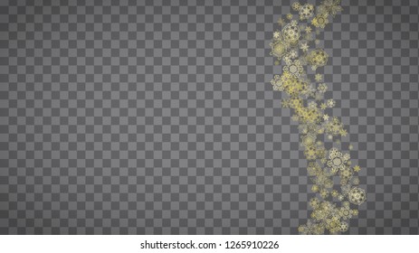 Isolated snowflakes on horizontal transparent grey background. Gold glitter snow. Winter sales, Christmas and New Year design for party invitation, banner, sale. Magic crystal isolated snowflakes.