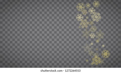 Isolated snowflakes on horizontal transparent grey background. Gold glitter snow. Winter sales, Christmas and New Year design for party invitation, banner, sale. Magic crystal isolated snowflakes.