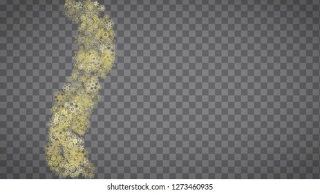 Isolated snowflakes on horizontal transparent grey background. Gold glitter snow. Winter sales, Christmas and New Year design for party invitation, banner, sale. Magic crystal isolated snowflakes.