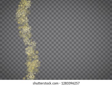 Isolated snowflakes on horizontal transparent grey background. Gold glitter snow. Winter sales, Christmas and New Year design for party invitation, banner, sale. Magic crystal isolated snowflakes.