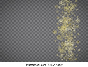 Isolated snowflakes on horizontal transparent grey background. Gold glitter snow. Winter sales, Christmas and New Year design for party invitation, banner, sale. Magic crystal isolated snowflakes.