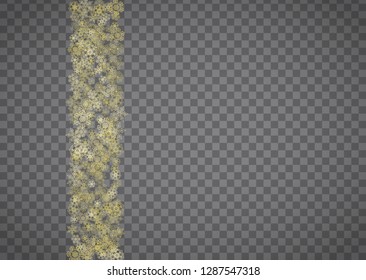 Isolated snowflakes on horizontal transparent grey background. Gold glitter snow. Winter sales, Christmas and New Year design for party invitation, banner, sale. Magic crystal isolated snowflakes.