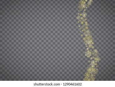 Isolated snowflakes on horizontal transparent grey background. Gold glitter snow. Winter sales, Christmas and New Year design for party invitation, banner, sale. Magic crystal isolated snowflakes.