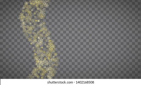 Isolated snowflakes on horizontal transparent grey background. Gold glitter snow. Winter sales, Christmas and New Year design for party invitation, banner, sale. Magic crystal isolated snowflakes.