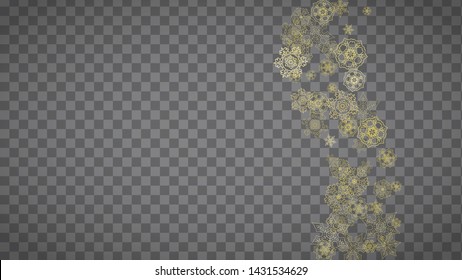 Isolated snowflakes on horizontal transparent grey background. Gold glitter snow. Winter sales, Christmas and New Year design for party invitation, banner, sale. Magic crystal isolated snowflakes.