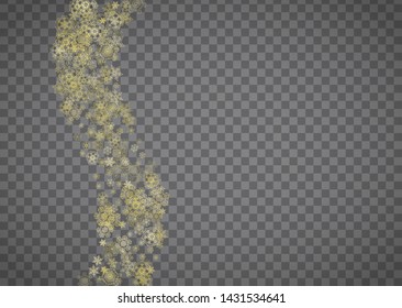 Isolated snowflakes on horizontal transparent grey background. Gold glitter snow. Winter sales, Christmas and New Year design for party invitation, banner, sale. Magic crystal isolated snowflakes.