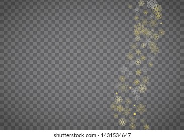Isolated snowflakes on horizontal transparent grey background. Gold glitter snow. Winter sales, Christmas and New Year design for party invitation, banner, sale. Magic crystal isolated snowflakes.