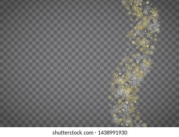Isolated snowflakes on horizontal transparent grey background. Gold glitter snow. Winter sales, Christmas and New Year design for party invitation, banner, sale. Magic crystal isolated snowflakes.