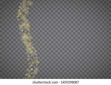 Isolated snowflakes on horizontal transparent grey background. Gold glitter snow. Winter sales, Christmas and New Year design for party invitation, banner, sale. Magic crystal isolated snowflakes.