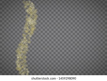 Isolated snowflakes on horizontal transparent grey background. Gold glitter snow. Winter sales, Christmas and New Year design for party invitation, banner, sale. Magic crystal isolated snowflakes.