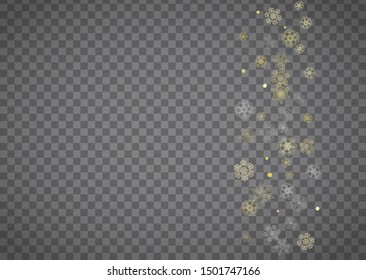 Isolated snowflakes on horizontal transparent grey background. Gold glitter snow. Winter sales, Christmas and New Year design for party invitation, banner, sale. Magic crystal isolated snowflakes.