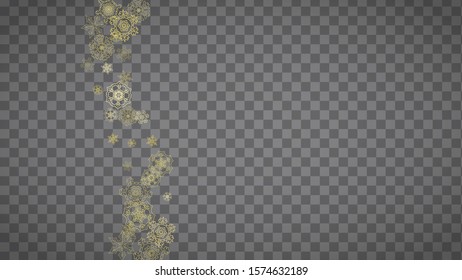 Isolated snowflakes on horizontal transparent grey background. Gold glitter snow. Winter sales, Christmas and New Year design for party invitation, banner, sale. Magic crystal isolated snowflakes.