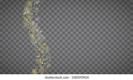 Isolated snowflakes on horizontal transparent grey background. Gold glitter snow. Winter sales, Christmas and New Year design for party invitation, banner, sale. Magic crystal isolated snowflakes.
