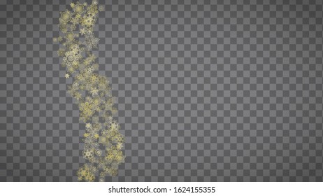 Isolated snowflakes on horizontal transparent grey background. Gold glitter snow. Winter sales, Christmas and New Year design for party invitation, banner, sale. Magic crystal isolated snowflakes.