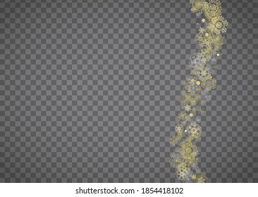 Copos de nieve aislados sobre fondo gris transparente horizontal. Nieve lustre dorada. Venta de invierno, Navidad y diseño de Año Nuevo para invitación de fiesta, banner, venta. Los copos de nieve aislados de cristal mágico.