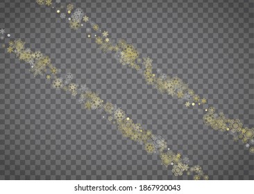 Isolated snowflakes on horizontal transparent grey background. Gold glitter snow. Winter sales, Christmas and New Year design for party invitation, banner, sale. Magic crystal isolated snowflakes.