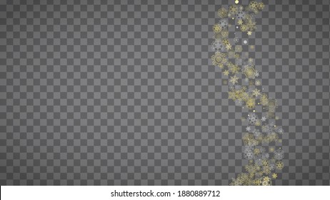 Isolated snowflakes on horizontal transparent grey background. Gold glitter snow. Winter sales, Christmas and New Year design for party invitation, banner, sale. Magic crystal isolated snowflakes.