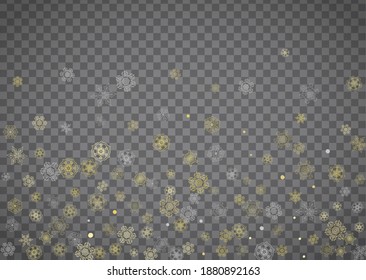 Copos de nieve aislados sobre fondo gris transparente horizontal. Nieve lustre dorada. Venta de invierno, Navidad y diseño de Año Nuevo para invitación de fiesta, banner, venta. Los copos de nieve aislados de cristal mágico.