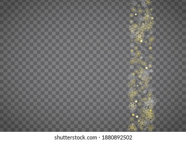 Isolated snowflakes on horizontal transparent grey background. Gold glitter snow. Winter sales, Christmas and New Year design for party invitation, banner, sale. Magic crystal isolated snowflakes.