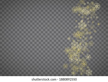 Isolated snowflakes on horizontal transparent grey background. Gold glitter snow. Winter sales, Christmas and New Year design for party invitation, banner, sale. Magic crystal isolated snowflakes.