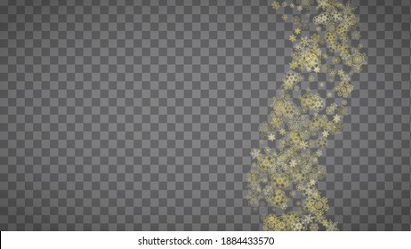 Isolated snowflakes on horizontal transparent grey background. Gold glitter snow. Winter sales, Christmas and New Year design for party invitation, banner, sale. Magic crystal isolated snowflakes.
