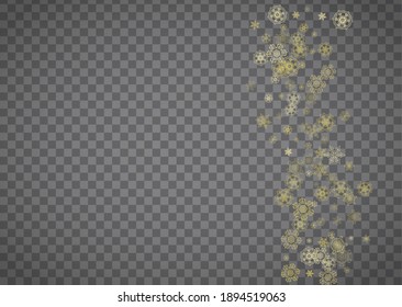Isolated snowflakes on horizontal transparent grey background. Gold glitter snow. Winter sales, Christmas and New Year design for party invitation, banner, sale. Magic crystal isolated snowflakes.