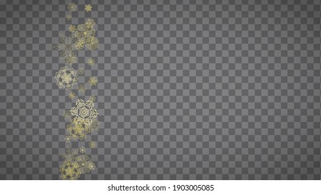 Isolated snowflakes on horizontal transparent grey background. Gold glitter snow. Winter sales, Christmas and New Year design for party invitation, banner, sale. Magic crystal isolated snowflakes.