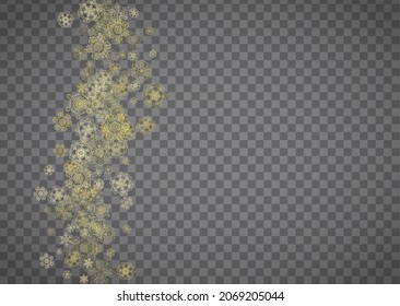 Isolated snowflakes on horizontal transparent grey background. Gold glitter snow. Winter sales, Christmas and New Year design for party invitation, banner, sale. Magic crystal isolated snowflakes.
