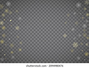 Isolated snowflakes on horizontal transparent grey background. Gold glitter snow. Winter sales, Christmas and New Year design for party invitation, banner, sale. Magic crystal isolated snowflakes.