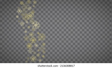 Isolated snowflakes on horizontal transparent grey background. Gold glitter snow. Winter sales, Christmas and New Year design for party invitation, banner, sale. Magic crystal isolated snowflakes.