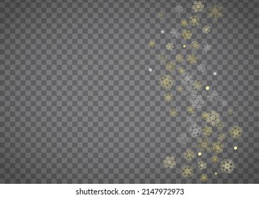 Einzige Schneeflocken auf horizontalem, transparentem grauem Hintergrund. Goldener Schnee glänzt. Winterverkäufe, Weihnachts- und Neujahrsdesign für Partyeinladung, Banner, Verkauf. Zauberkristalline Schneeflocken einzeln.