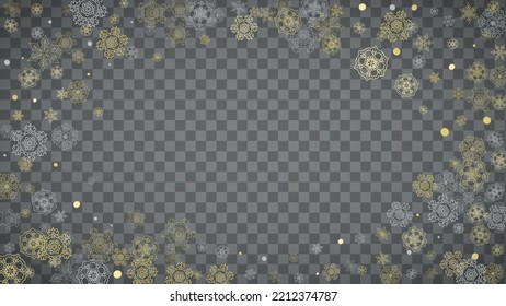 Isolated snowflakes on horizontal transparent grey background. Gold glitter snow. Winter sales, Christmas and New Year design for party invitation, banner, sale. Magic crystal isolated snowflakes.