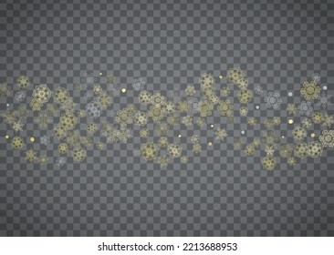 Isolated snowflakes on horizontal transparent grey background. Gold glitter snow. Winter sales, Christmas and New Year design for party invitation, banner, sale. Magic crystal isolated snowflakes.