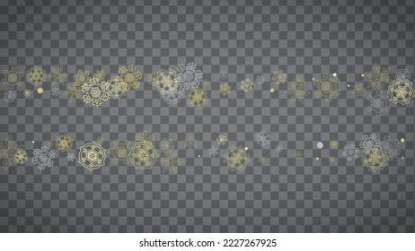 Isolated snowflakes on horizontal transparent grey background. Gold glitter snow. Winter sales, Christmas and New Year design for party invitation, banner, sale. Magic crystal isolated snowflakes.