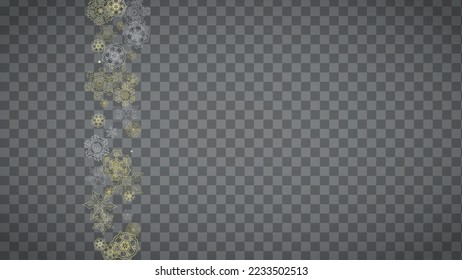 Isolated snowflakes on horizontal transparent grey background. Gold glitter snow. Winter sales, Christmas and New Year design for party invitation, banner, sale. Magic crystal isolated snowflakes.