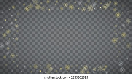 Isolated snowflakes on horizontal transparent grey background. Gold glitter snow. Winter sales, Christmas and New Year design for party invitation, banner, sale. Magic crystal isolated snowflakes.