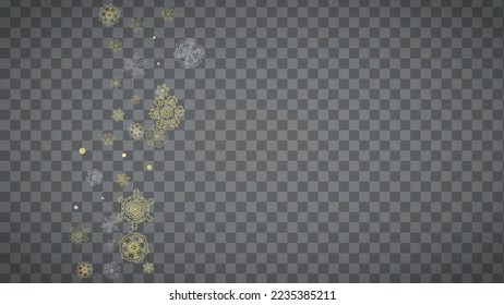 Copos de nieve aislados sobre fondo gris transparente horizontal. Nieve lustre dorada. Venta de invierno, Navidad y diseño de Año Nuevo para invitación de fiesta, banner, venta. Los copos de nieve aislados de cristal mágico.