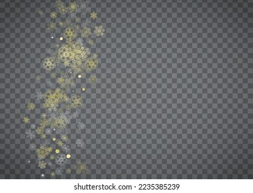 Einzige Schneeflocken auf horizontalem, transparentem grauem Hintergrund. Goldener Schnee glänzt. Winterverkäufe, Weihnachts- und Neujahrsdesign für Partyeinladung, Banner, Verkauf. Zauberkristalline Schneeflocken einzeln.