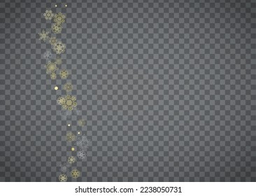 Isolated snowflakes on horizontal transparent grey background. Gold glitter snow. Winter sales, Christmas and New Year design for party invitation, banner, sale. Magic crystal isolated snowflakes.