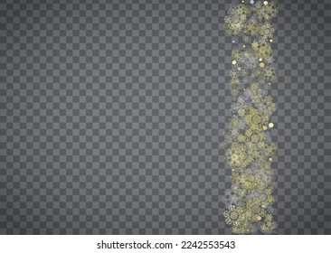 Copos de nieve aislados sobre fondo gris transparente horizontal. Nieve lustre dorada. Venta de invierno, Navidad y diseño de Año Nuevo para invitación de fiesta, banner, venta. Los copos de nieve aislados de cristal mágico.