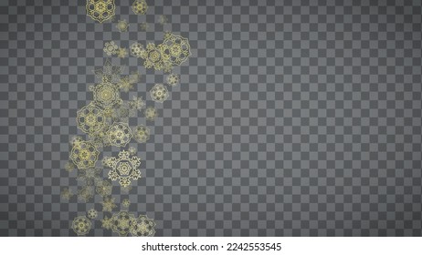 Copos de nieve aislados sobre fondo gris transparente horizontal. Nieve lustre dorada. Venta de invierno, Navidad y diseño de Año Nuevo para invitación de fiesta, banner, venta. Los copos de nieve aislados de cristal mágico.