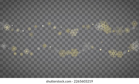 Isolated snowflakes on horizontal transparent grey background. Gold glitter snow. Winter sales, Christmas and New Year design for party invitation, banner, sale. Magic crystal isolated snowflakes.